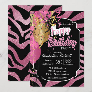 Happy BIrthday - Pink & Black Zebra Stripes Invita Invitation