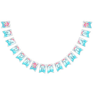 Happy Birthday Pink Blue Turquoise Floral Bunting Flags