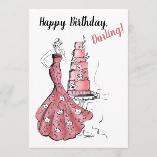 Happy Birthday Pink Cake Fashion Illustration Card