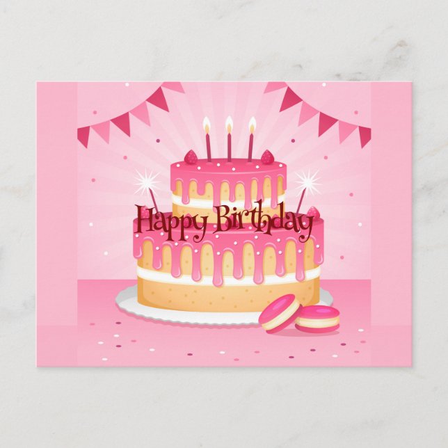 Happy Birthday Pink Cake Postcard (Front)