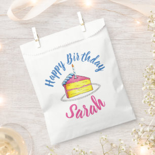 Happy Birthday Pink Cake Slice Candle Party Bday Favour Bag