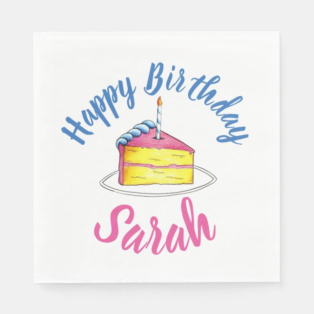 Happy Birthday Pink Cake Slice Candle Party Favour Napkin (Front)