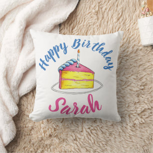 Happy Birthday Pink Cake Slice Candle Party Favour Throw Pillow
