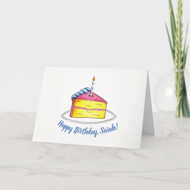 Happy Birthday Pink Cake Slice Candle Personalized Card (Front)