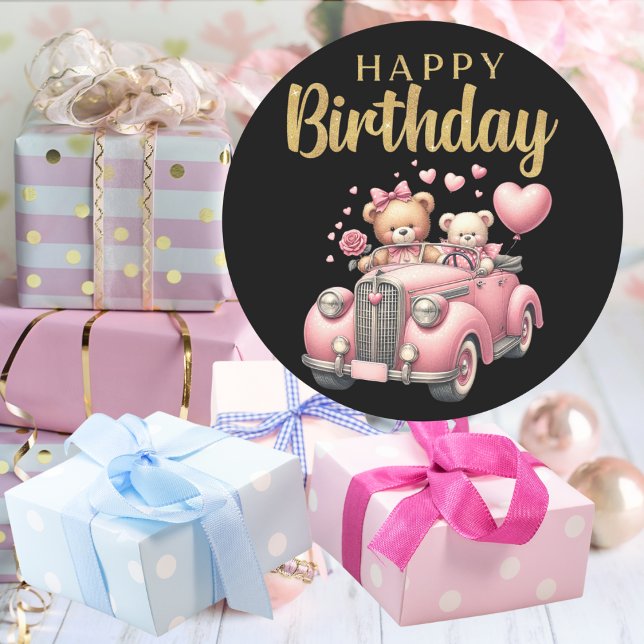 Happy Birthday Pink Car and Bears Sticker (Happy Birthday Pink Car and Bears Sticker Mockup 2)