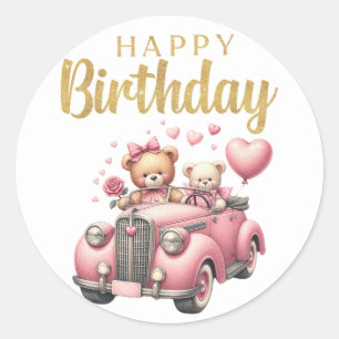 Happy Birthday Pink Car and Bears Sticker
