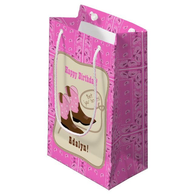 Happy Birthday Pink Cowgirl Boots & Bandana Small Gift Bag (Front Angled)