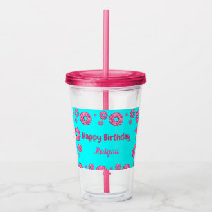 Happy Birthday pink cream doughnuts blue Acrylic Tumbler