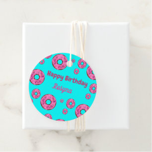 Happy Birthday pink cream doughnuts blue Favour Tags