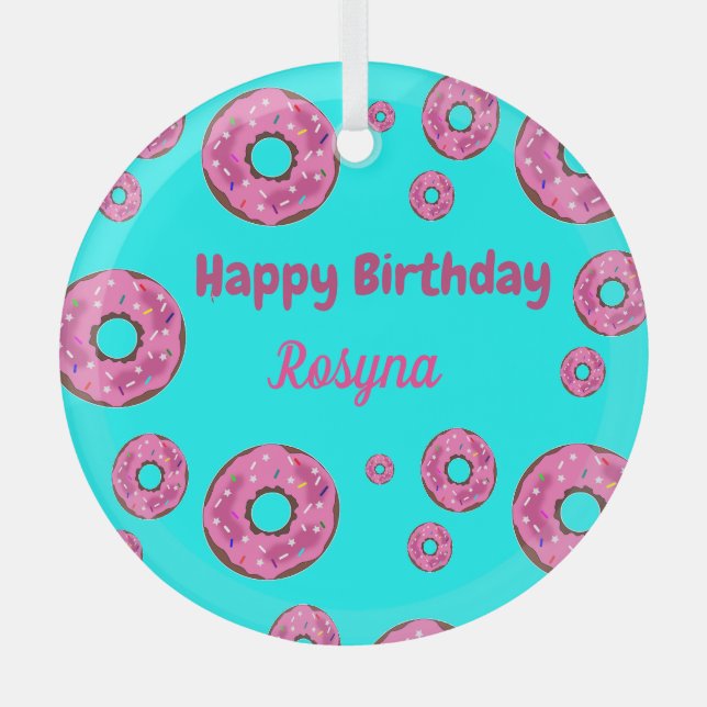Happy Birthday pink cream doughnuts blue Glass Ornament (Front)