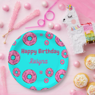 Happy Birthday pink cream doughnuts blue Paper Plate