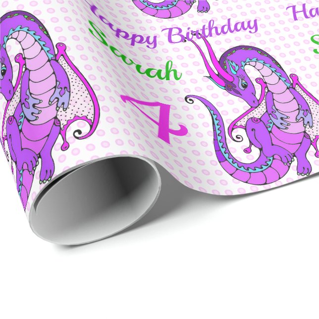 Happy Birthday Pink Dragon Girl's Name Custom Wrapping Paper (Roll Corner)