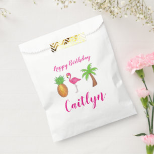 Happy Birthday Pink Flamingo Palm Tree Pineapple Favour Bag