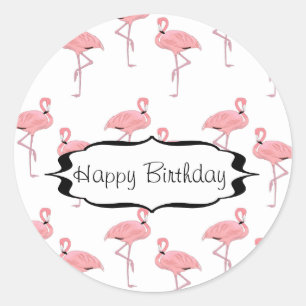 Happy Birthday Pink Flamingo Pattern Classic Round Sticker