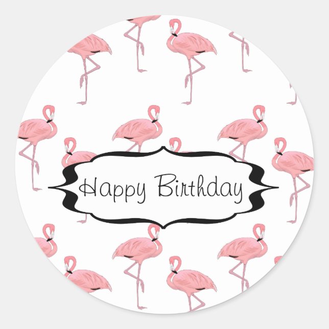 Happy Birthday Pink Flamingo Pattern Classic Round Sticker (Front)