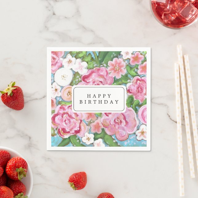 HAPPY BIRTHDAY Pink Floral Spring Blooms Napkin (Insitu)