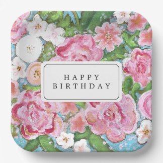 HAPPY BIRTHDAY Pink Floral Spring Blooms Paper Plate