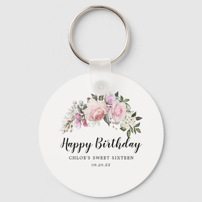 Happy Birthday Pink  Floral Sweet 16 Party Favour Keychain (Front)