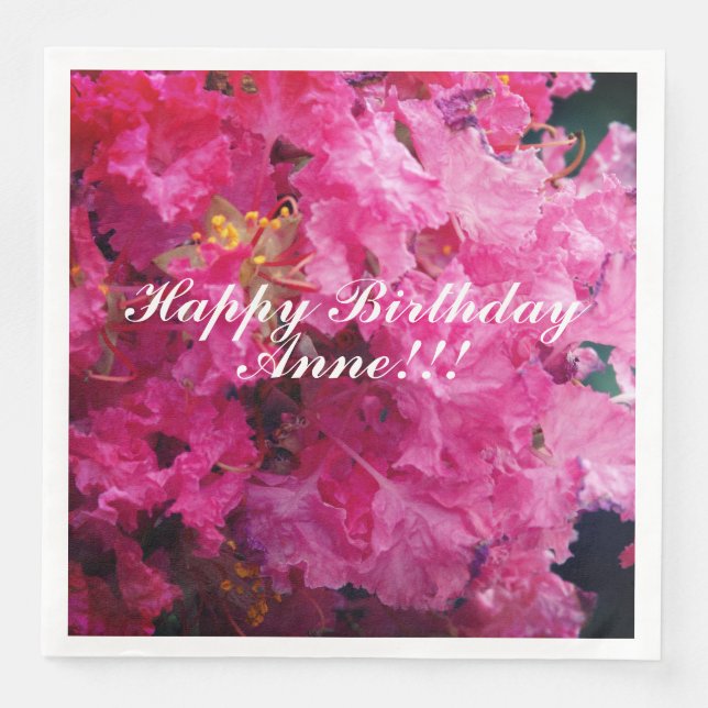 Happy Birthday Pink Flowers Custom Name Napkin (Front)