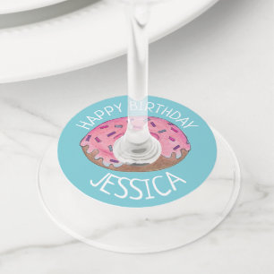 Happy Birthday Pink Frosted Doughnut Doughnut Wine Glass Tag