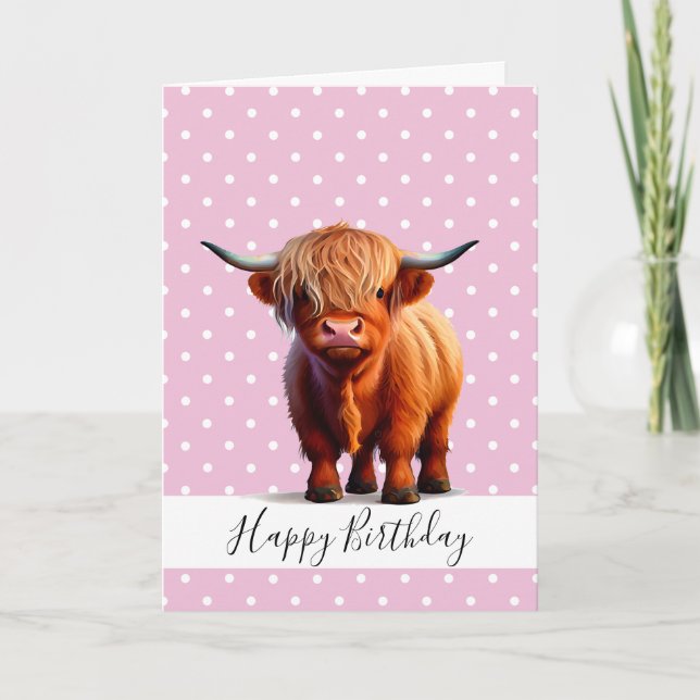 HAPPY BIRTHDAY Pink GIRL LONG HAIR BROWN COW CARD (Front)