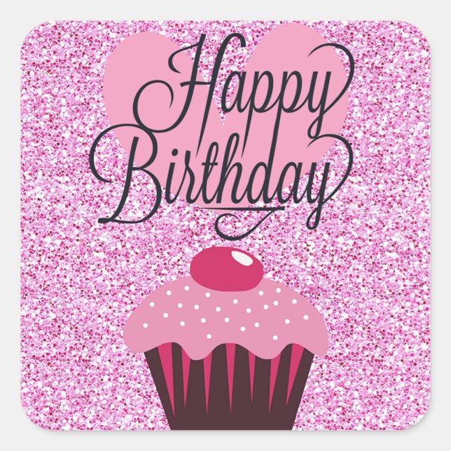Happy Birthday Pink Glitter Cupcake Stickers (Front)