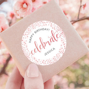Happy Birthday Pink Glitter Script White Stripes Classic Round Sticker