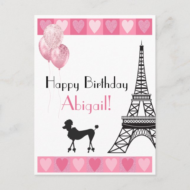 Happy Birthday Pink Heart Eiffel Tower Poodle Postcard (Front)