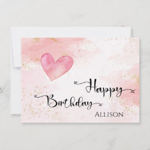 Happy Birthday Pink Heart Watercolor Card