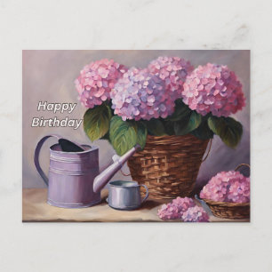 Happy Birthday Pink Hydrangea Flowers in a Basket  Holiday Postcard