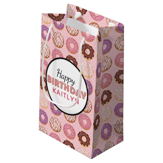 HAPPY BIRTHDAY Pink Iced Doughnuts Pattern With Na Small Gift Bag (Back Angled)