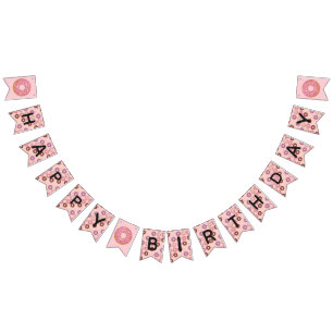 HAPPY BIRTHDAY Pink Iced Doughnuts Sweetest One Pa Bunting Flags