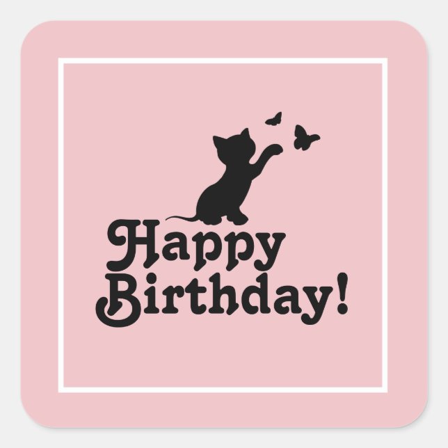 Happy Birthday Pink Kitten Cat Butterfly Sticker (Front)