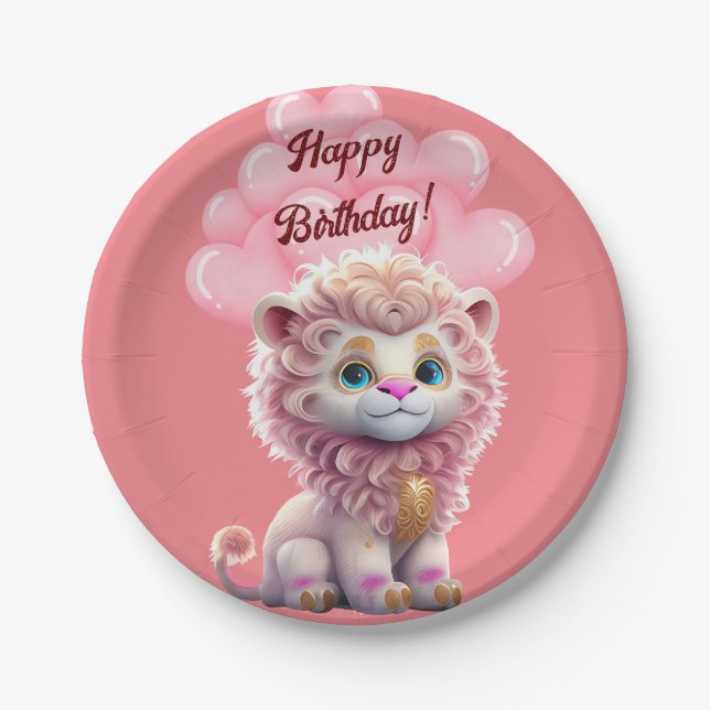 Happy Birthday Pink Lion  Paper Plate (Front)