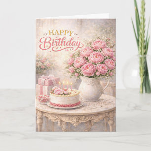 Happy Birthday Pink Peony Cottage Still Life Card