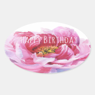 Happy Birthday Pink Peony Oval Stickers