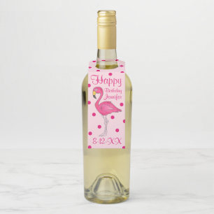 Happy Birthday Pink Polka Dot Flamingo Bird Favour Bottle Tag