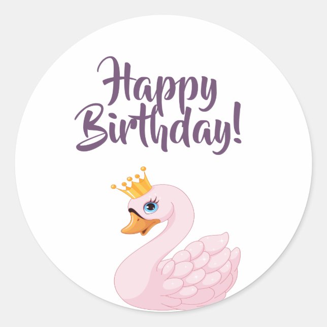 Happy Birthday pink princess swan on white Classic Round Sticker (Front)
