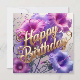 Happy Birthday Pink, Purple Morning Glory Flowers Card