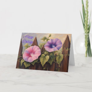 Happy Birthday Pink Purple Morning Glory Flowers Card