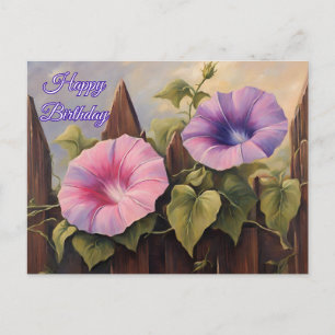 Happy Birthday Pink Purple Morning Glory Flowers Postcard