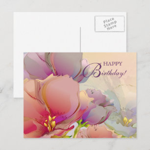 Happy Birthday. Pink Purple Watercolor Floral  Postcard