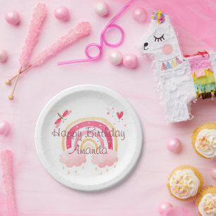 Happy Birthday pink rainbow personalized Paper Plate