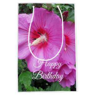 Happy Birthday Pink Rose of Sharon Flower Photo Medium Gift Bag