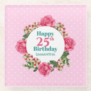 Happy Birthday Pink Rose Red White Petunia Polka Glass Coaster