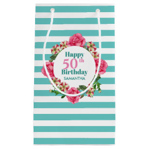 Happy Birthday Pink Rose Red White Petunia Stripes Small Gift Bag