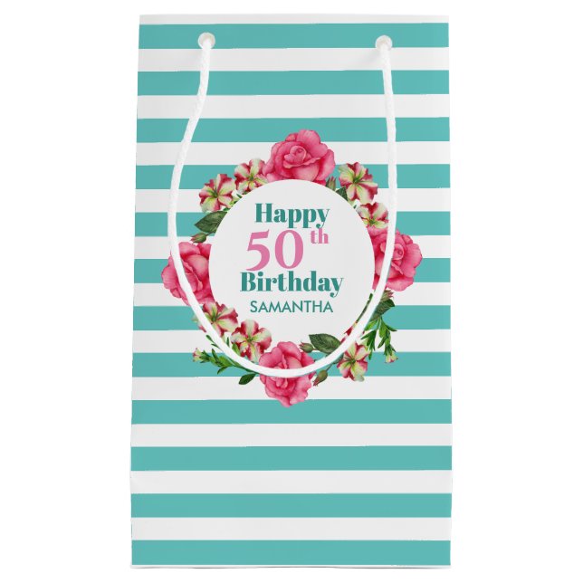 Happy Birthday Pink Rose Red White Petunia Stripes Small Gift Bag (Front)