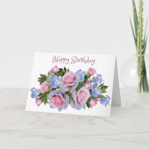 Happy Birthday Pink Roses and Lilac Flowers Card