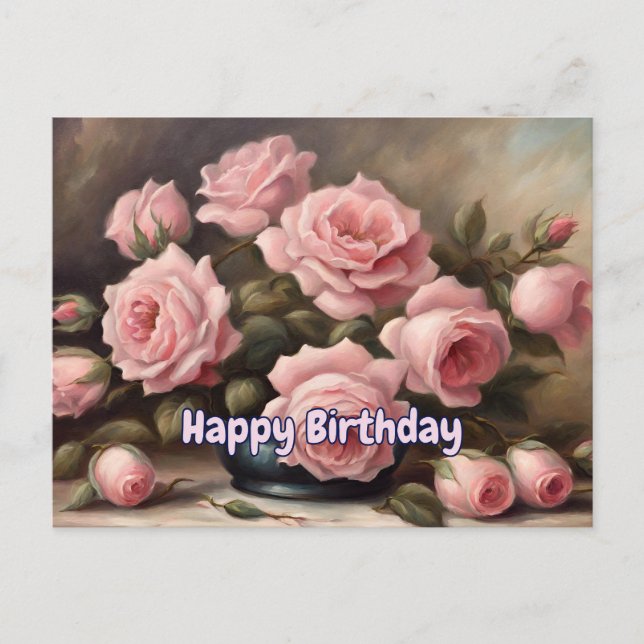 Happy Birthday Pink Roses in Vase  Postcard (Front)