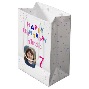 Happy Birthday Pink Stars Girl Photo Medium Gift Bag